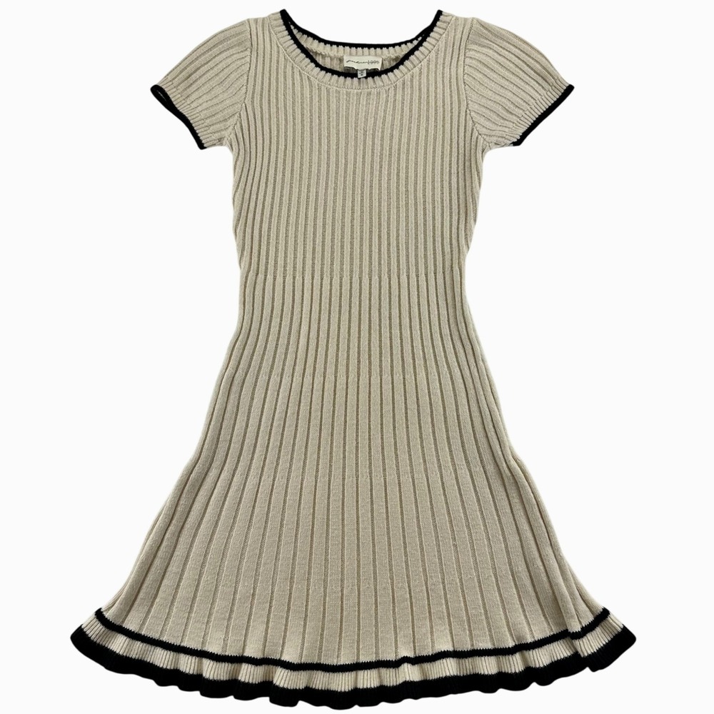 Freshman 1996 Womens Ribbed Knit Skater Dress‎ XS Cream Black Contrast Trim